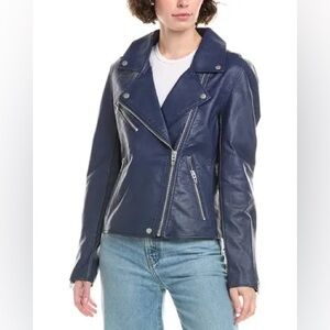 Blank NYC vegan faux leather moto jacket asymmetrical silver zippers NWT XS Navy